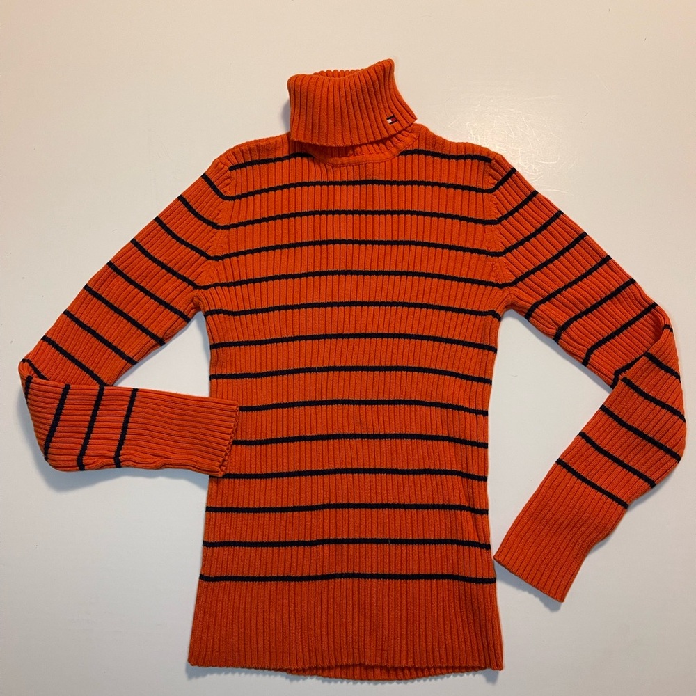 90s Tommy Hilfiger Orange Ribbed Knit Stripe‎ Turtleneck M